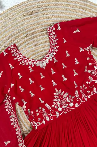 red color elegant embroidery with sequence detailing faux georgette gown set