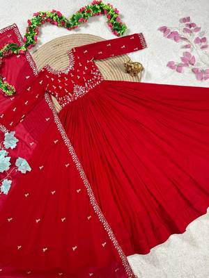 red color elegant embroidery with sequence detailing faux georgette gown set 3