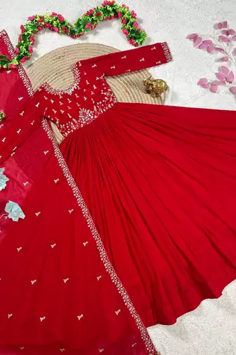 red color elegant embroidery with sequence detailing faux georgette gown set
