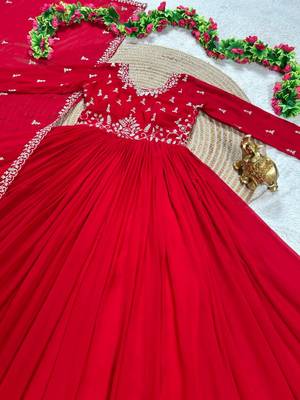 red color elegant embroidery with sequence detailing faux georgette gown set 4