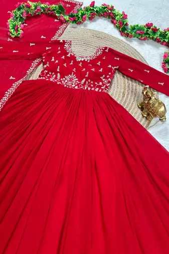 red color elegant embroidery with sequence detailing faux georgette gown set