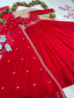 red color elegant embroidery with sequence detailing faux georgette gown set 5