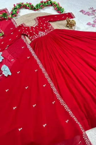 red color elegant embroidery with sequence detailing faux georgette gown set