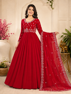 dark red color elegant embroidery with sequence detailing faux georgette gown set 1