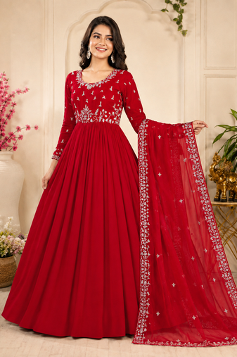 dark red color elegant embroidery with sequence detailing faux georgette gown set