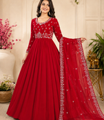 dark red color elegant embroidery with sequence detailing faux georgette gown set