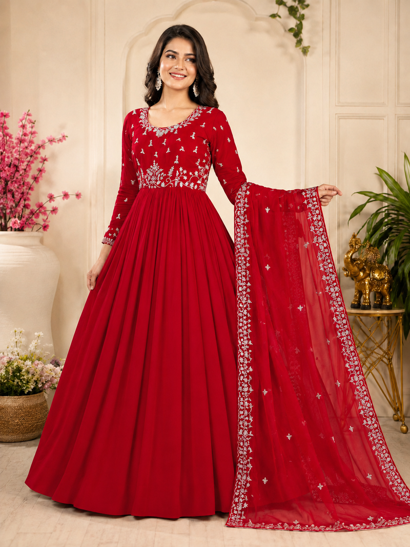 dark red color elegant embroidery with sequence detailing faux georgette gown set