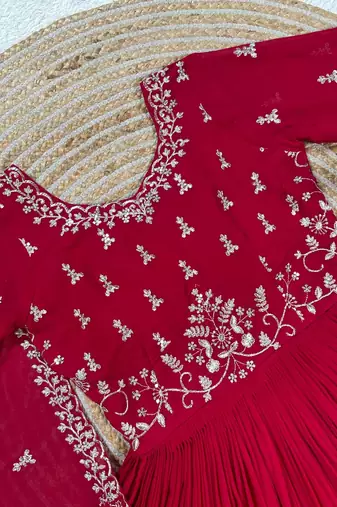 dark red color elegant embroidery with sequence detailing faux georgette gown set
