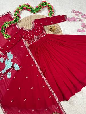 dark red color elegant embroidery with sequence detailing faux georgette gown set 3