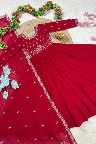 dark red color elegant embroidery with sequence detailing faux georgette gown set