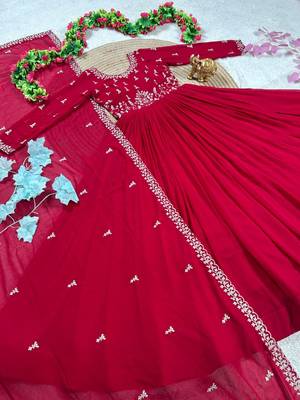 dark red color elegant embroidery with sequence detailing faux georgette gown set 4