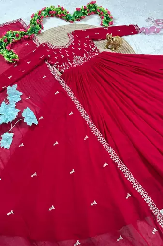 dark red color elegant embroidery with sequence detailing faux georgette gown set