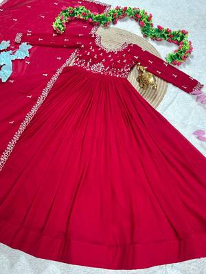 dark red color elegant embroidery with sequence detailing faux georgette gown set 5