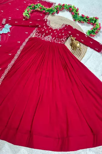 dark red color elegant embroidery with sequence detailing faux georgette gown set