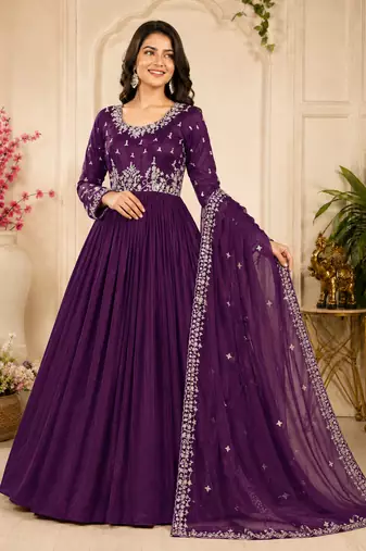 purple color elegant embroidery with sequence detailing faux georgette gown set