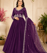 purple color elegant embroidery with sequence detailing faux georgette gown set