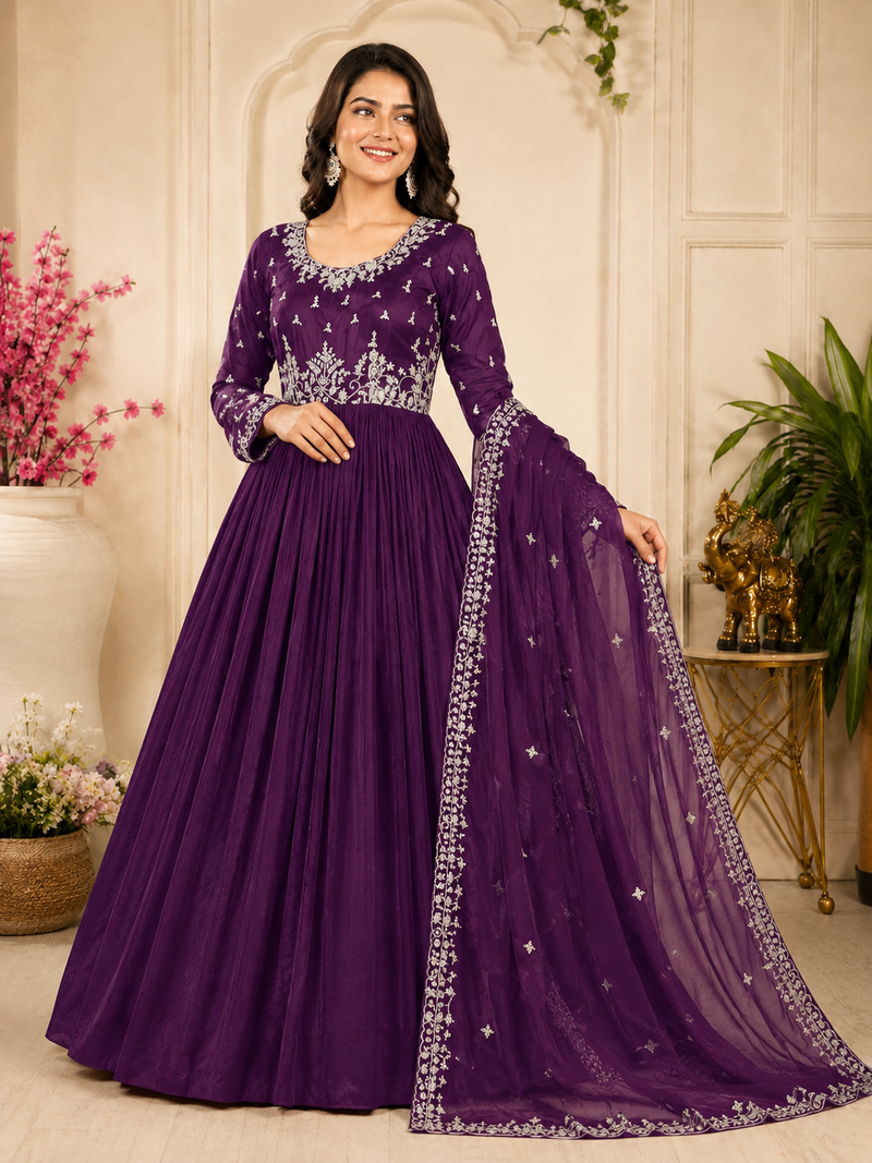 purple color elegant embroidery with sequence detailing faux georgette gown set
