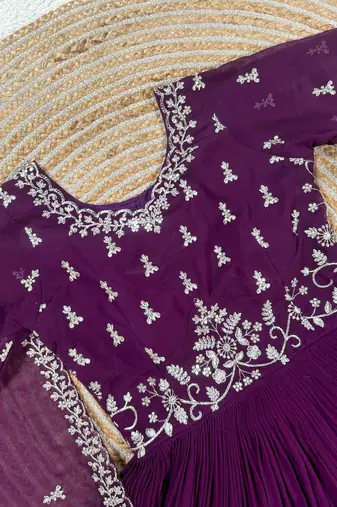 purple color elegant embroidery with sequence detailing faux georgette gown set