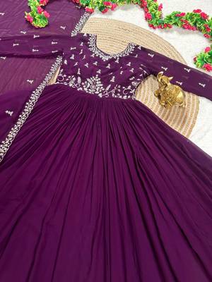 purple color elegant embroidery with sequence detailing faux georgette gown set 3