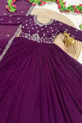 purple color elegant embroidery with sequence detailing faux georgette gown set