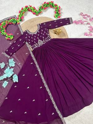 purple color elegant embroidery with sequence detailing faux georgette gown set 4