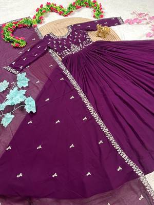 purple color elegant embroidery with sequence detailing faux georgette gown set 5