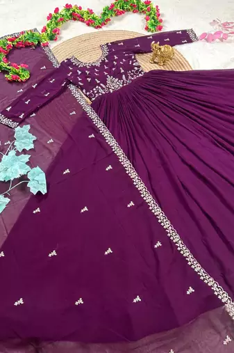 purple color elegant embroidery with sequence detailing faux georgette gown set