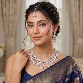 Mint Pink Stone CZ Bridal Jewelry Set: Silver Plated Indian Wedding Necklace 1
