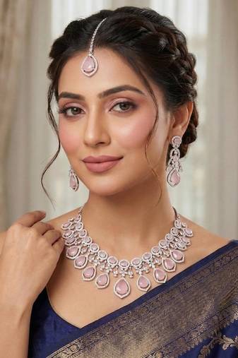 Mint Pink Stone CZ Bridal Jewelry Set: Silver Plated Indian Wedding Necklace