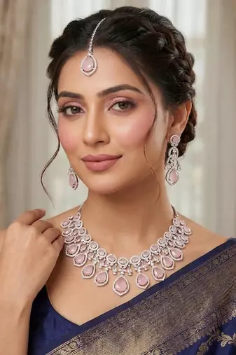 Mint Pink Stone CZ Bridal Jewelry Set: Silver Plated Indian Wedding Necklace