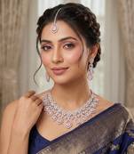 Mint Pink Stone CZ Bridal Jewelry Set: Silver Plated Indian Wedding Necklace