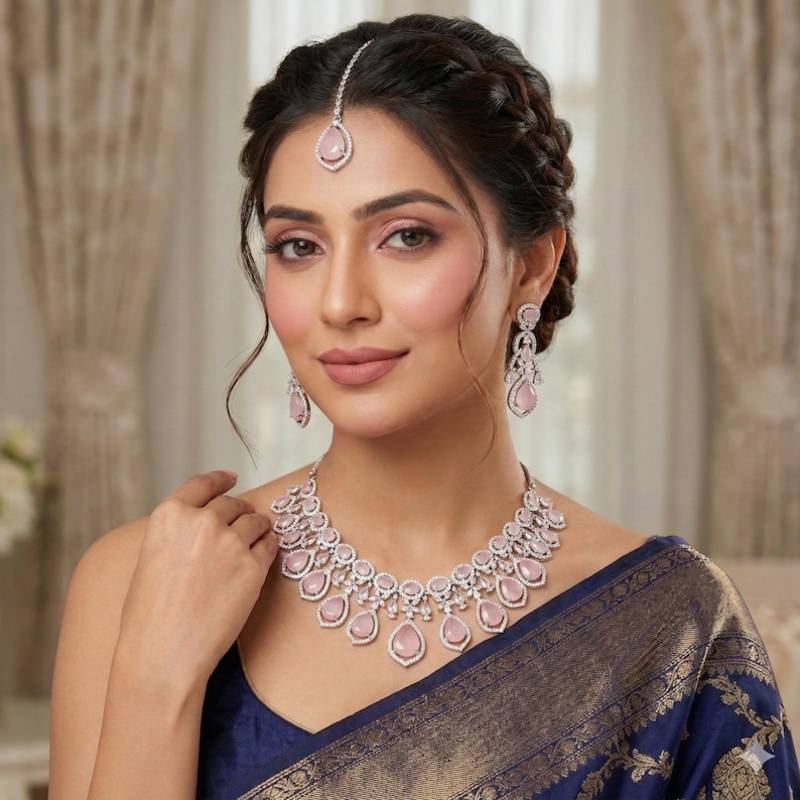 Mint Pink Stone CZ Bridal Jewelry Set: Silver Plated Indian Wedding Necklace