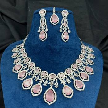 Mint Pink Stone CZ Bridal Jewelry Set: Silver Plated Indian Wedding Necklace 2