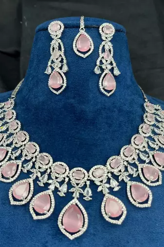 Mint Pink Stone CZ Bridal Jewelry Set: Silver Plated Indian Wedding Necklace