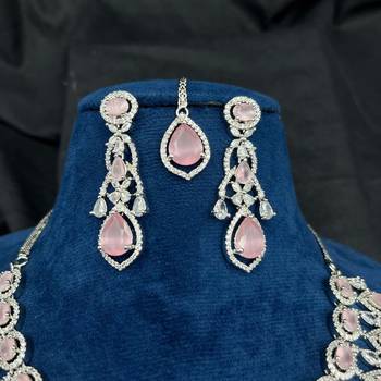 Mint Pink Stone CZ Bridal Jewelry Set: Silver Plated Indian Wedding Necklace 3
