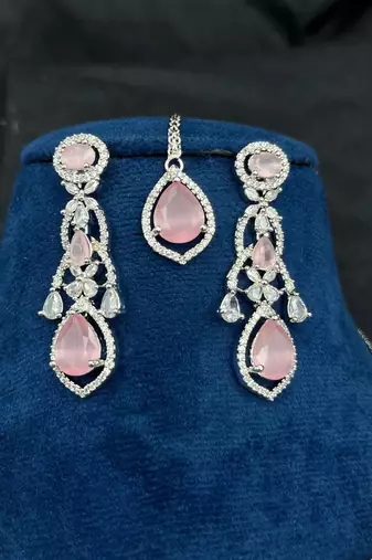 Mint Pink Stone CZ Bridal Jewelry Set: Silver Plated Indian Wedding Necklace