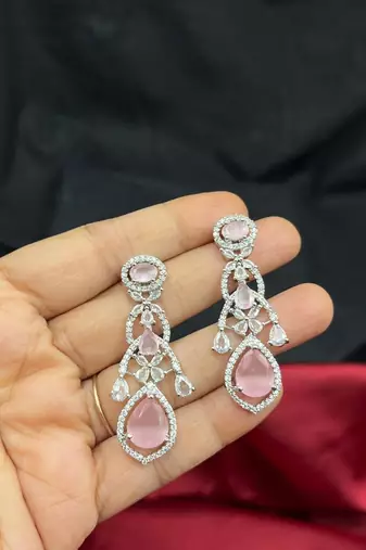 Mint Pink Stone CZ Bridal Jewelry Set: Silver Plated Indian Wedding Necklace