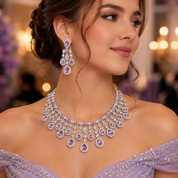 Lavender Purple CZ Bridal Necklace Set, Teardrop Chandelier Earrings, Statement Jewelry 1