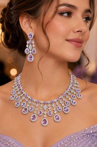 Lavender Purple CZ Bridal Necklace Set, Teardrop Chandelier Earrings, Statement Jewelry