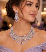 Lavender Purple CZ Bridal Necklace Set, Teardrop Chandelier Earrings, Statement Jewelry