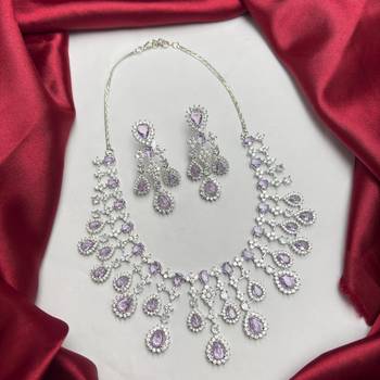 Lavender Purple CZ Bridal Necklace Set, Teardrop Chandelier Earrings, Statement Jewelry 2