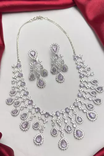Lavender Purple CZ Bridal Necklace Set, Teardrop Chandelier Earrings, Statement Jewelry