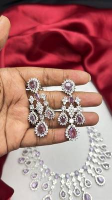 Lavender Purple CZ Bridal Necklace Set, Teardrop Chandelier Earrings, Statement Jewelry 3