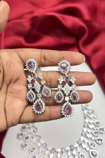 Lavender Purple CZ Bridal Necklace Set, Teardrop Chandelier Earrings, Statement Jewelry