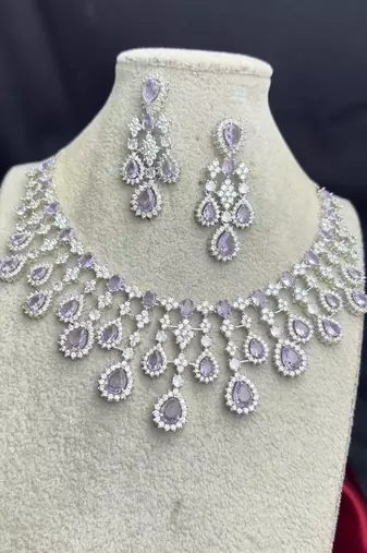 Lavender Purple CZ Bridal Necklace Set, Teardrop Chandelier Earrings, Statement Jewelry