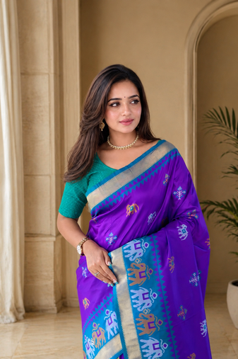 purple colour elephant weaved butti mottifs vibrant elegant pallu silk blend saree