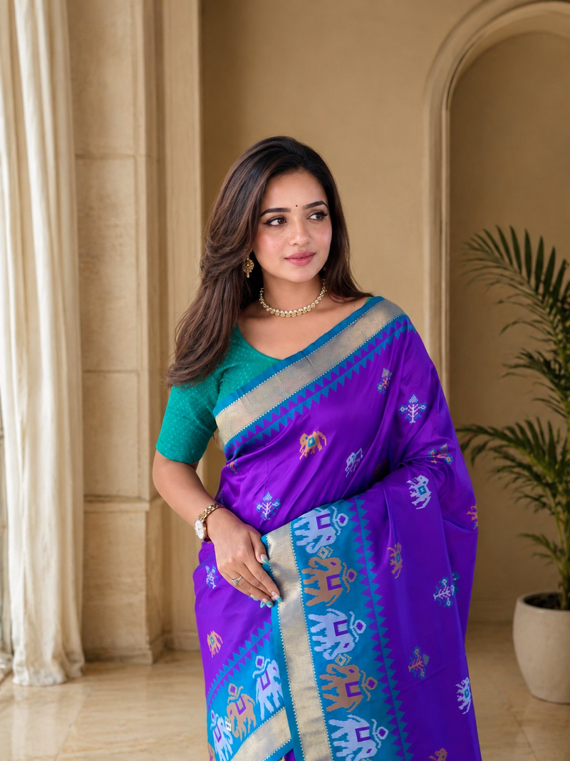 purple colour elephant weaved butti mottifs vibrant elegant pallu silk blend saree