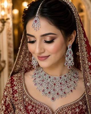 Ruby Red Bridal Necklace Set, Pakistani Indian Wedding Jewelry, CZ Choker Earrings Maang Tikka 1