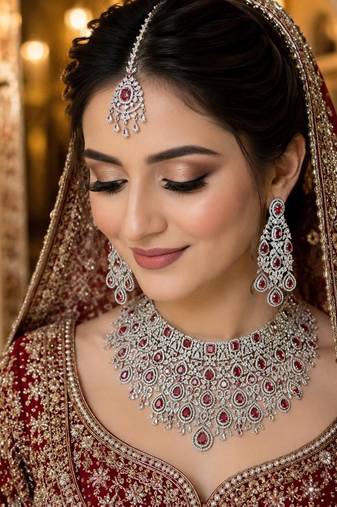 Ruby Red Bridal Necklace Set, Pakistani Indian Wedding Jewelry, CZ Choker Earrings Maang Tikka