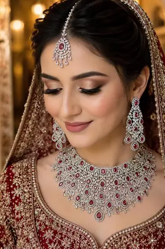 Ruby Red Bridal Necklace Set, Pakistani Indian Wedding Jewelry, CZ Choker Earrings Maang Tikka